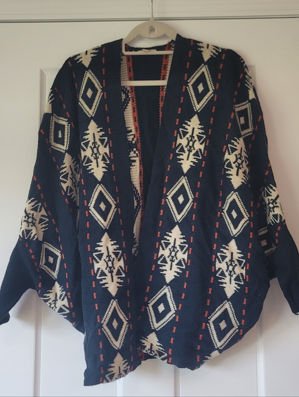 Boho Open-Front Knit Cardigan - Navy & Cream